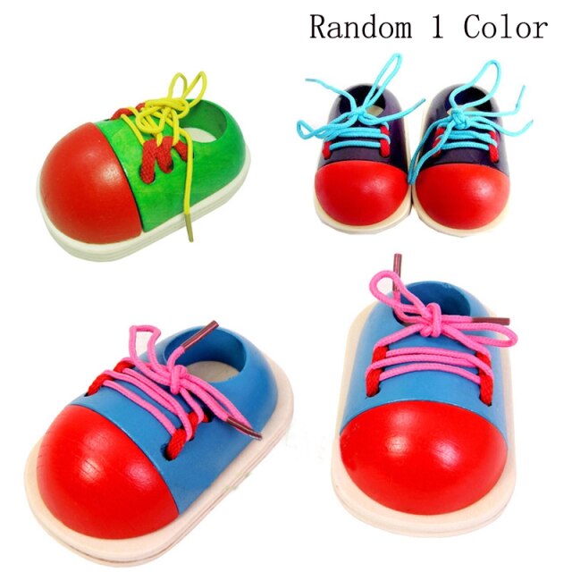 1 Pcs Random Kids Montessori Educational Toys Children Wooden Toys Toddler Lacing Shoes Early Education Montessori Teaching Aids